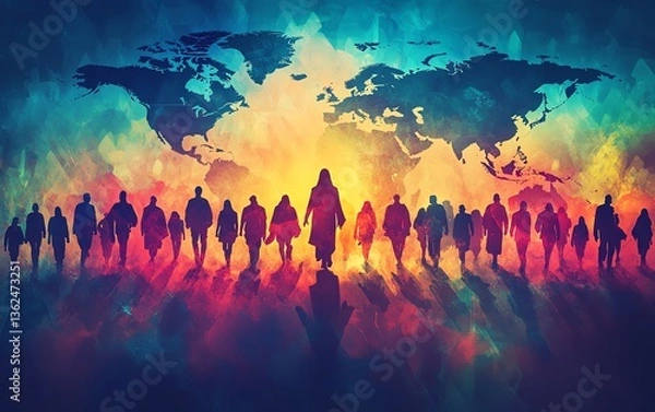 Fototapeta Faithful missionary journey of Jesus Christ, spreading Christian teachings worldwide, with scripture and a world map, hightech visual concept, vibrant and detailed design