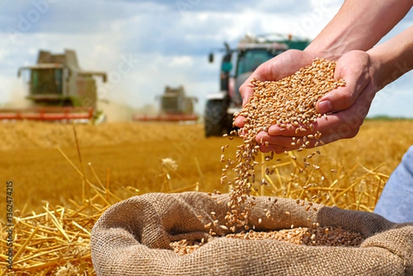 Fototapeta Wheat grain in hands after good harvest of successful farmer and full jute sack of wheat, in the background agricultural machinery combine harvesters and tractor working in the field