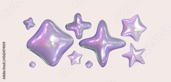 Fototapeta 3d chrome set  holographic stars . Isolated silver abstract elements in y2k style and 90s design. Pearl fluid shapes. Iridescent purple stars and shapes on a pastel background