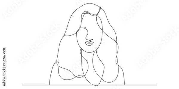 Fototapeta Continuous line drawing of Beauty girl face. Attractive young woman portrait female beauty. Black and white vector illustration