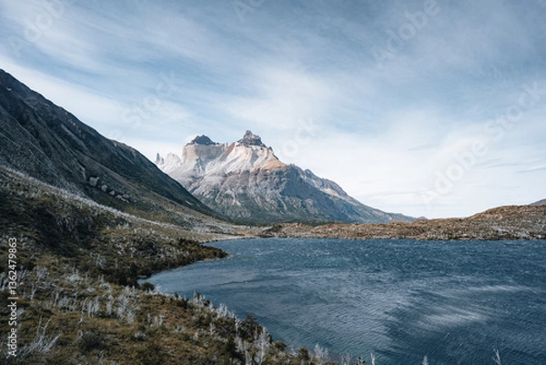 Fototapeta W treking in torres del paine - lake in the mountains