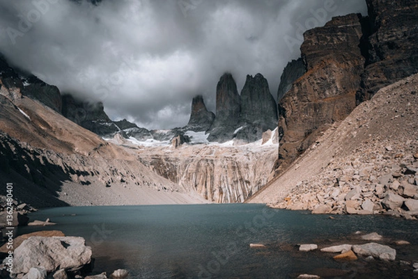 Fototapeta torres del paine, patagonia with clouds