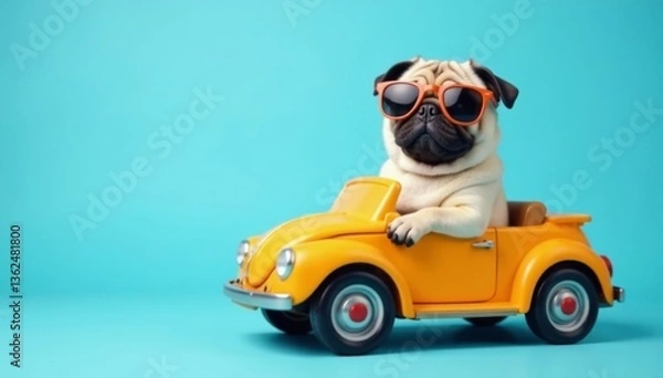 Fototapeta Funny pug dog wearing sunglasses inside toy car on light blue background, sunglasses, illustration