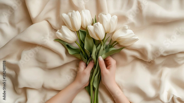 Fototapeta Spring flat lay with female hands holding bunch of tulips on cream, beige textile background. Springtime holiday card design with copy-space. Easter, Mothers day, March 8 International Women's day.