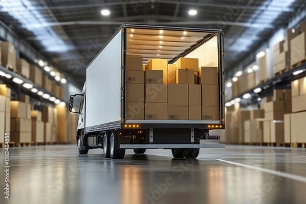 Obraz A truck parked in a warehouse that is full of boxes in the background. the truck is unloading many cardboard boxes