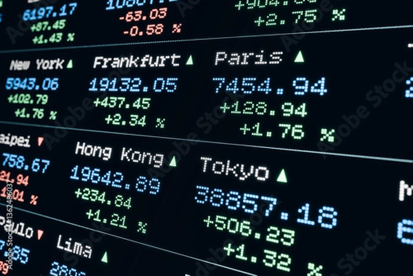 Fototapeta Stock market data, Paris, Frankfurt, Hong Kong, Tokyo. Percentage changes, moving up and down. Device screen, business, international  trading information. Concept, 3D illustration