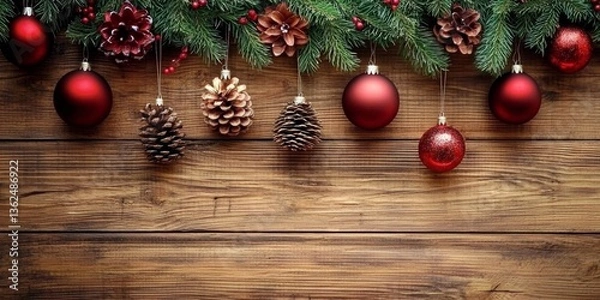 Fototapeta Vibrant Christmas Decorations Resting on Rustic Wooden Surface