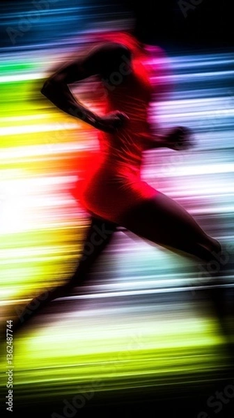 Fototapeta Dynamic motion blur of runner in vibrant red outfit, symbolizing speed and energy. Perfect for fitness, sports, and motivation themes, emphasizing action and intensity.