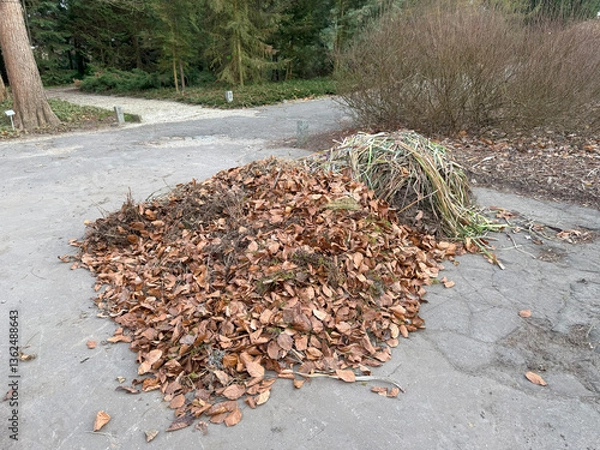 Obraz Carefully collected pile of dry autumn leaves on the pavement in a park