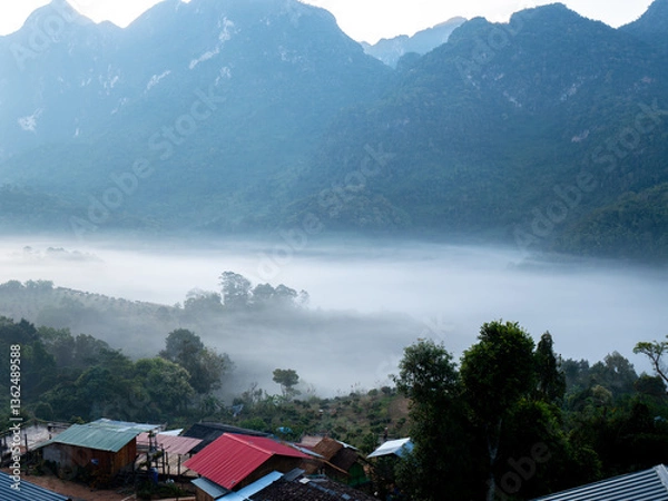 Fototapeta Village in fog, Doi Luang Chiang Dao