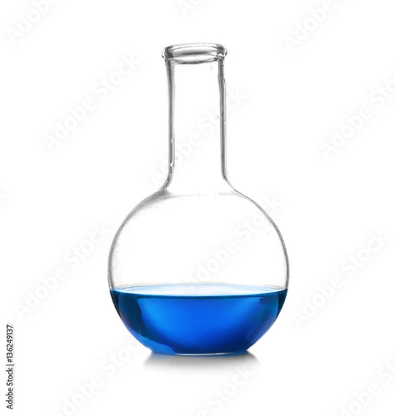 Fototapeta Test flask with blue sample isolated on white
