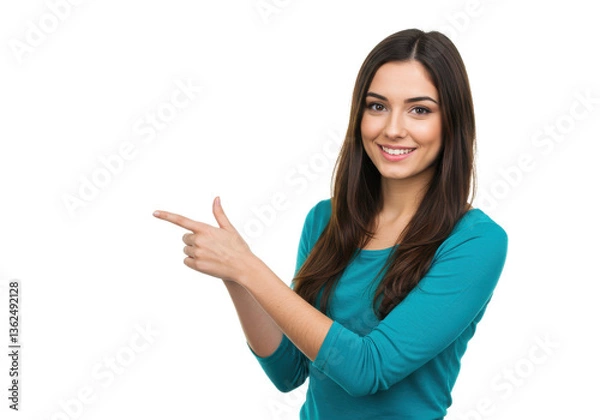 Obraz Young woman pointing to the side, showing offer isolated on White background PNG transparent background