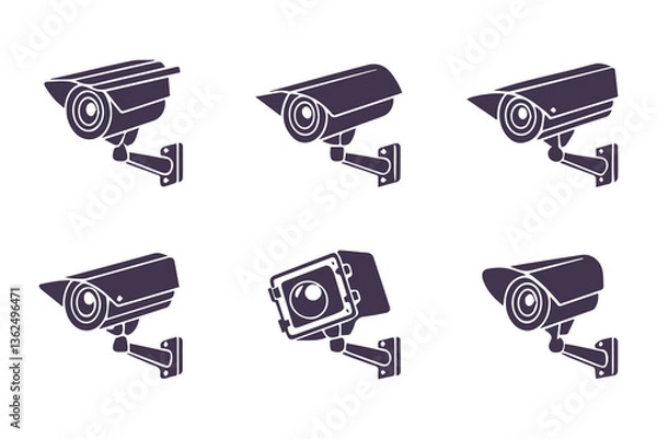 Obraz Minimal Security CC Camera Set Silhouette Vector Illustration featuring modern surveillance camera icons in clean, simple black shapes perfect for security systems, apps, signage, or infographics.
