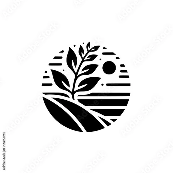 Fototapeta A minimalist black and white logo featuring a stylized plant growing in a field under a small sun, within a circular frame.