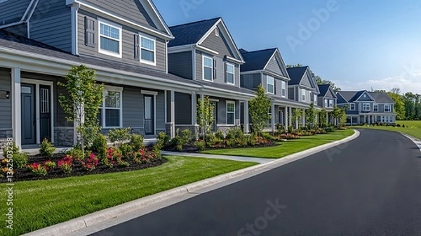 Fototapeta Modern Suburban Houses with Well-Maintained Lawns, A row of modern suburban houses with well-maintained lawns and a clean sidewalk