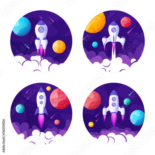 Fototapeta Rocket launch, space futuristic colorful background with planets and stars. Cartoon starship, spaceship in night sky. Solar system, galaxy and universe exploration. Vector illustration