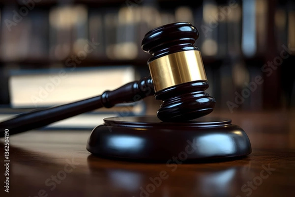 Fototapeta Judge workplace with gavel and books indoors, closeup