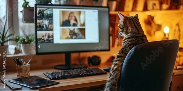 Fototapeta A cat adds a playful touch to a home office environment.