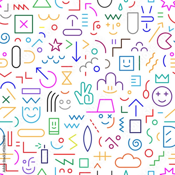 Fototapeta faces of children computer game funny creative lines figures seamless vector pattern multicolored background