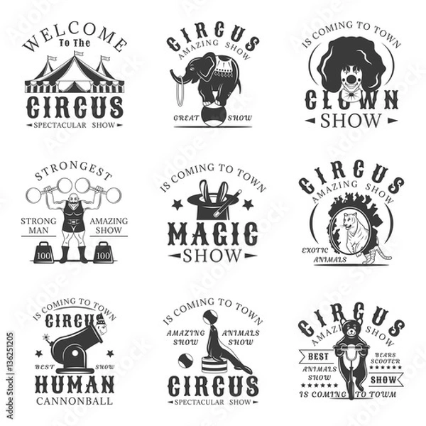 Obraz Circus set of vector vintage emblems, labels, badges and logos in monochrome style on white background.