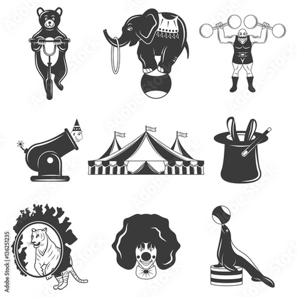 Fototapeta Set of circus monochrome icons, design elements isolated on white background. Flat style.