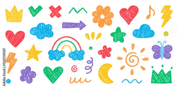 Fototapeta Chalk pencil cute kid doodle set. Childish scribble crayon rainbow, stars, flower, heart, crown in sketch style. Grunge texture. Hand drawn vector illustration isolated on white background