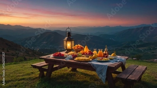 Fototapeta A serene outdoor picnic at sunset with a variety of foods and a lantern.