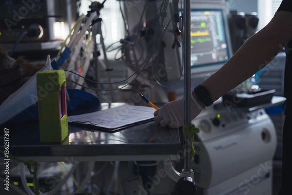 Fototapeta A veterinary anesthetist in gloves makes notes on a sheet during a surgical procedure in a veterinary hospital. The anesthesiologist is focused on the patient's monitors during the operation.