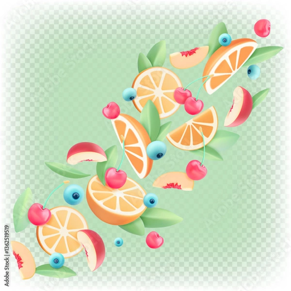 Obraz Flying 3d fruits. Orange, cherry, peach, blueberry. Vector cartoon composition isolated.