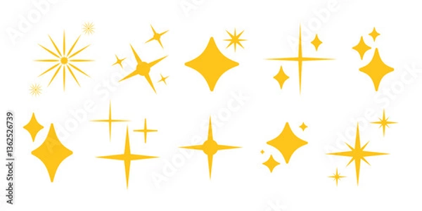 Fototapeta Set of gold sparkle stars. Twinkle stars minimal collection. Stars yellow icons. Blinking stars, sparks and sparkles. Shining twinkle sunburst shapes. Magic light flare pack for design. Glint glitter.