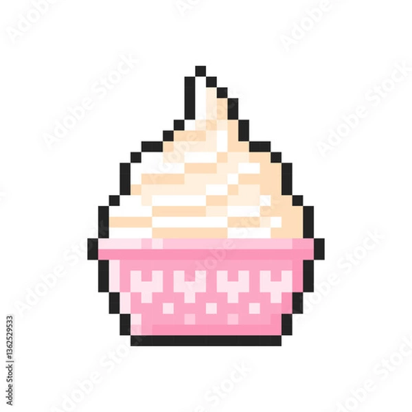Obraz Pixel soft vanilla ice cream in a cup isolated on transparent background. Pixelated badge, game asset or computer arcade item. Frozen yogurt icon. Vector pixel art illustration in 16 bit old style.