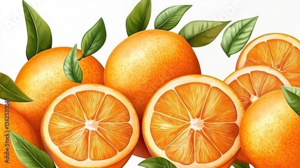 Fototapeta Realistic illustration of oranges with leaves in vector style on white background, suitable for commercial use. High - resolution clip art featuring fresh, plump oranges, leaves, and a clean backdrop.