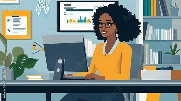 Fototapeta Smiling woman in cozy workspace, young African American professional using laptop surrounded by plants and books, ideal for business themes.
