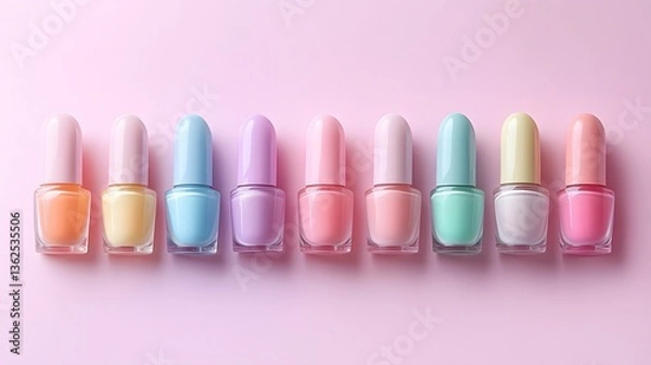 Fototapeta Colorful nail polish collection, vibrant shades in small bottles arranged neatly, perfect for beauty and cosmetics themes.