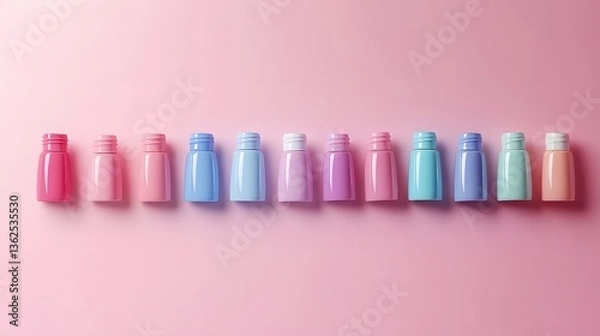 Fototapeta Colorful assortment of lipsticks, vibrant shades lined up on pastel backdrop, beauty theme perfect for makeup enthusiasts.