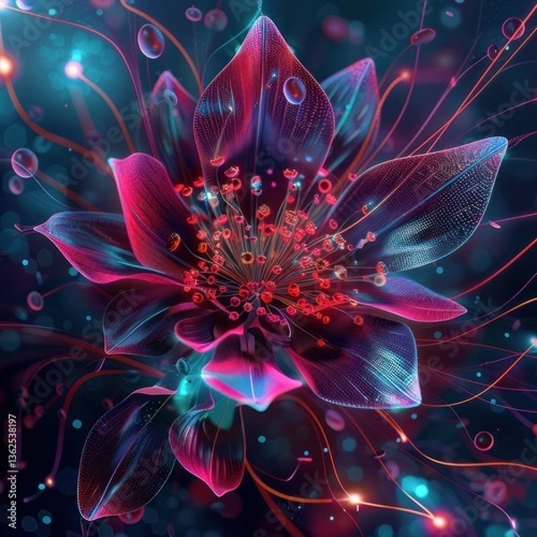 Fototapeta Futuristic cosmos flower with circuit big data technology. AI generated image 