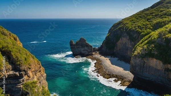 Obraz Scenic coastal view with cliffs, ocean waves, and a secluded beach.
