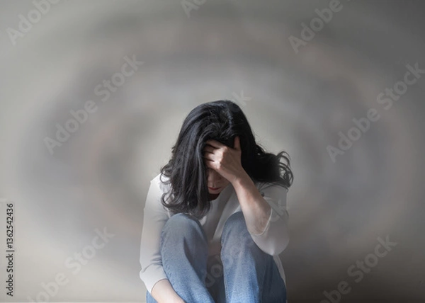 Fototapeta Vertigo illness with dizziness in woman patient feeling dizzy, faint with spinning movement inside head from benign paroxysmal positional vertigo (BPPV), migraine headaches or hearing loss problem
