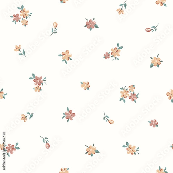 Fototapeta Vector illustration. Seamless Ditsy floral pattern of delicate small beige flowers on a light background. Liberty Floral pattern, field of flowers, print for fabric, textile, wallpaper