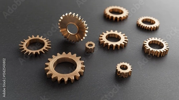 Fototapeta The organized display of bronze and copper gears on a metallic surface signifies the blending of technological innovation and industrial design concepts