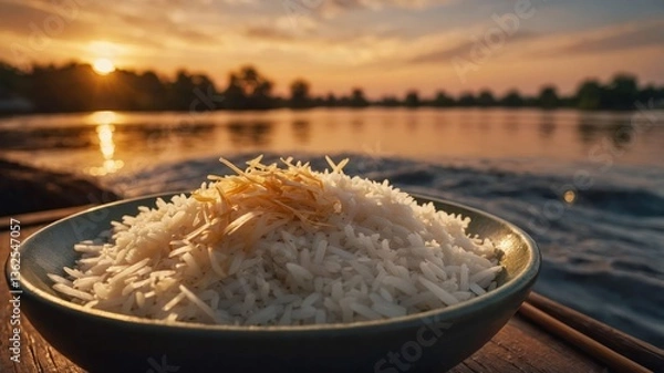 Obraz A bowl of rice garnished with golden strands, set against a serene sunset by the water.
