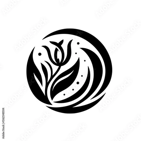 Obraz Elegant Black and White Floral Emblem: Stylized Flower & Leaves within a Circular Design with Dot Accents, Symbolizing Natural Beauty and Harmony.