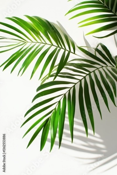 Fototapeta Bright palm leaves casting clear shadows on white wall under sunlight in minimal tropical summer composition
