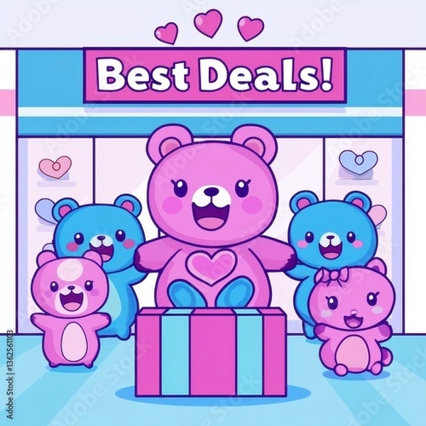 Fototapeta A cheerful illustration featuring colorful bears promoting "Best Deals!" in a vibrant store setting, surrounded by hearts and gifts.