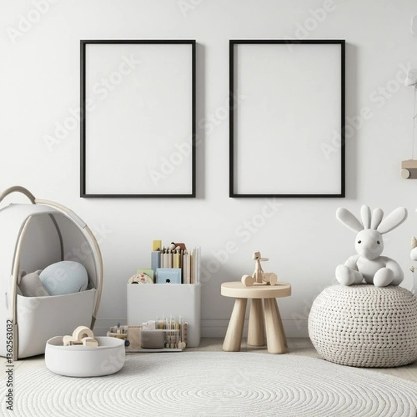 Fototapeta Minimalist nursery with frames, toys, and seating.