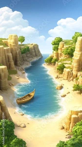 Fototapeta Small boat on beach cove, sunny day, calm water and rocks. Idyllic vacation destination ad material