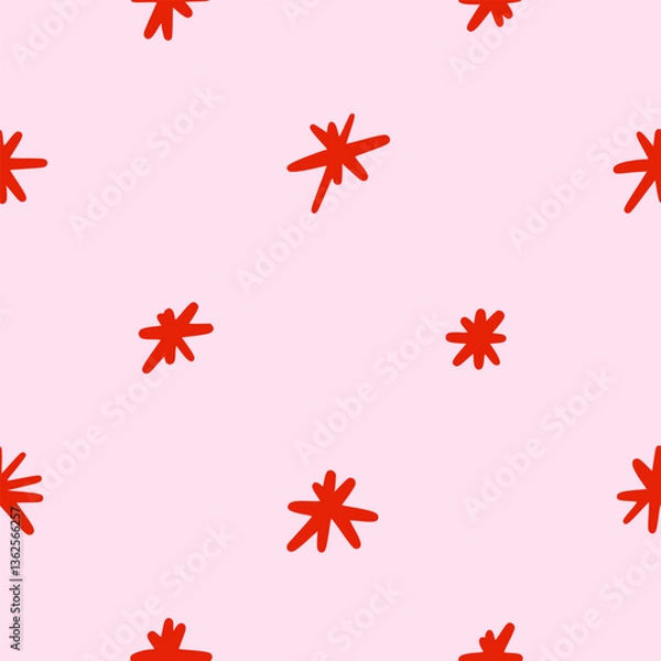 Fototapeta Vector simple spotted seamless pattern with asterisks. Pink background with red stars or stars in hand drawn style. Design for fabric, wallpaper, wrapping paper, cover, poster, invitation