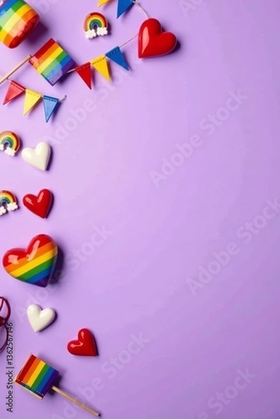 Fototapeta Colorful parade accessories flat lay on violet background with rainbow flags, pin badges, and hearts, gay symbol, rainbow flag
