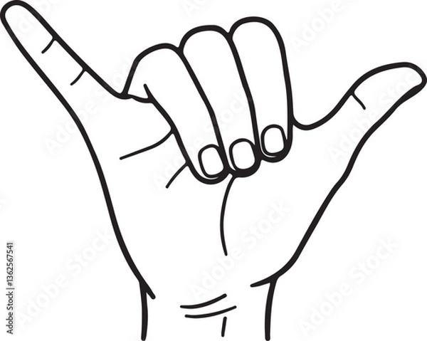 Obraz a simple line art of a hand making the sign (pinky and thumb extended, middle fingers curled). Use only black lines on a white background.