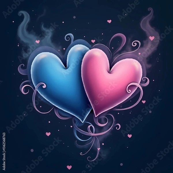 Fototapeta Colorful hearts intertwine in a magical design surrounded by swirling patterns and small hearts in soft colors on a dark background Generative AI